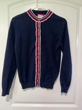 Navy Gold Bee Button Cardigan Red White Trim Old Money Preppy Women’s S
